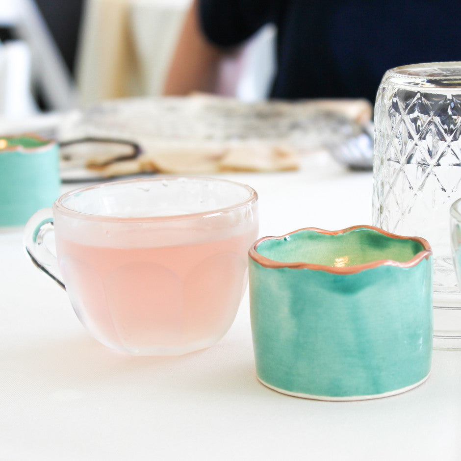 Ceramic candle holder Sea Glass Aqua Green with copper line by