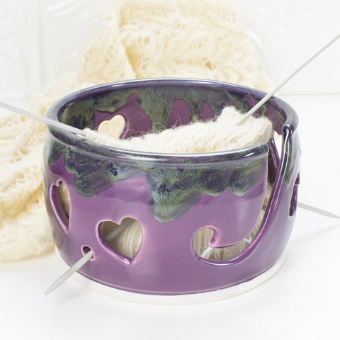Yarn Bowl, Purple Blue Love, Knitting bowl, Ceramic Wheel Thrown Heart, knitter gift