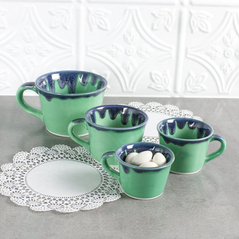 Set of 4 Ceramic Measuring Cups, Mint Green with Blue Drips
