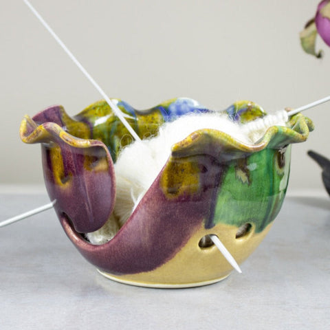 Ceramic Yarn Bowl, Hand made Knitting bowl, Unique Orange Yellow Blue Purple Lime Green