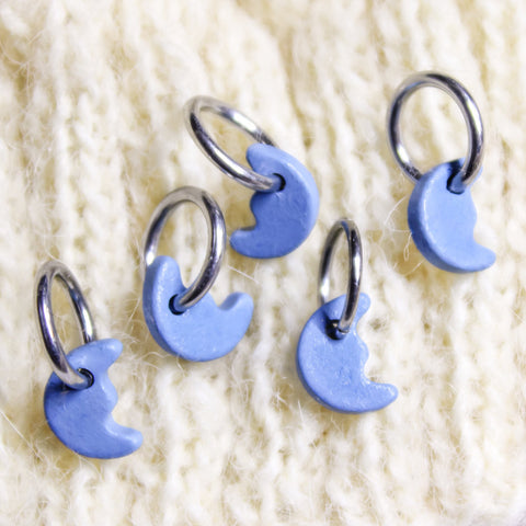 Knitting Stitch Markers, Set of 5 ceramic baby blue moons Crochet Yarn Stitchmarker moon