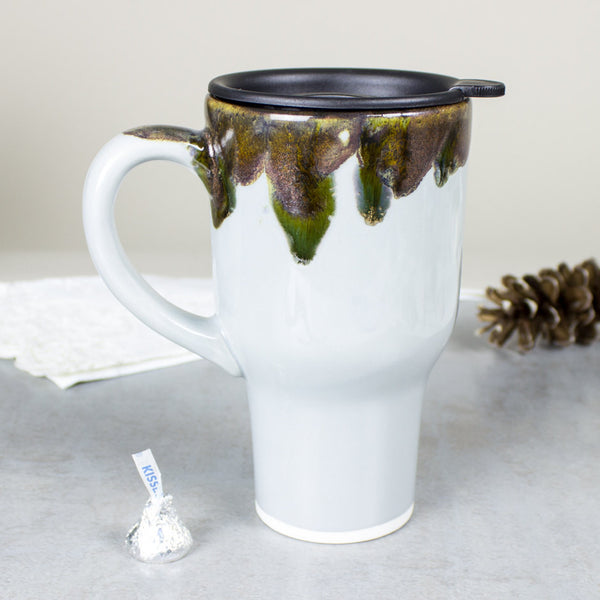 Hunter Green Ceramic Coffee Travel mug, Woodland moss glaze, black lid  pottery - BlueRoomPottery plus (+)