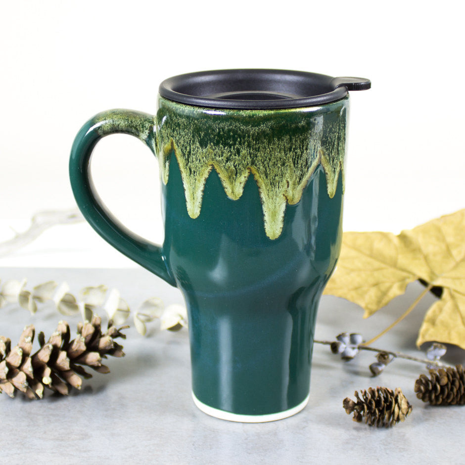 Hunter Green Ceramic Coffee Travel mug, Woodland moss glaze, black lid  pottery - BlueRoomPottery plus (+)