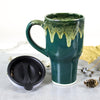 Hunter Green Ceramic Coffee Travel mug, Woodland moss glaze, black lid pottery