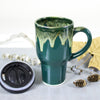 Hunter Green Ceramic Coffee Travel mug, Woodland moss glaze, black lid pottery