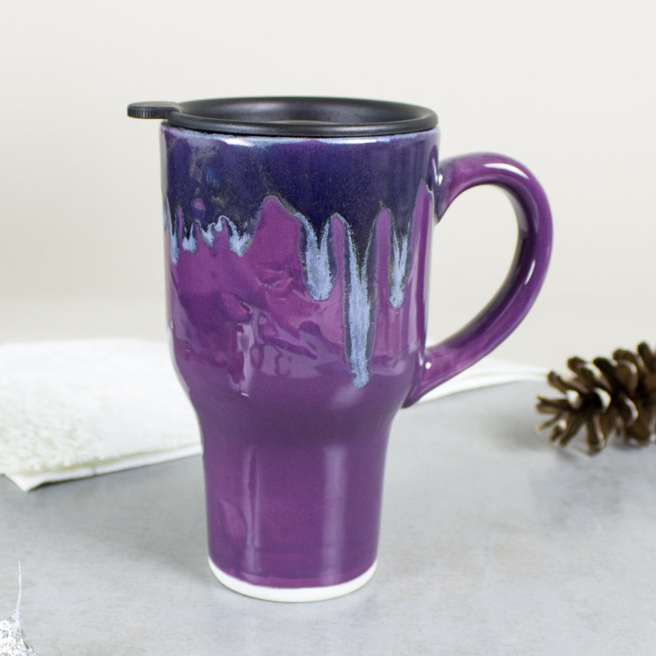 Eggplant Purple Ceramic Coffee Travel mug with handle and black lid -  BlueRoomPottery plus (+)