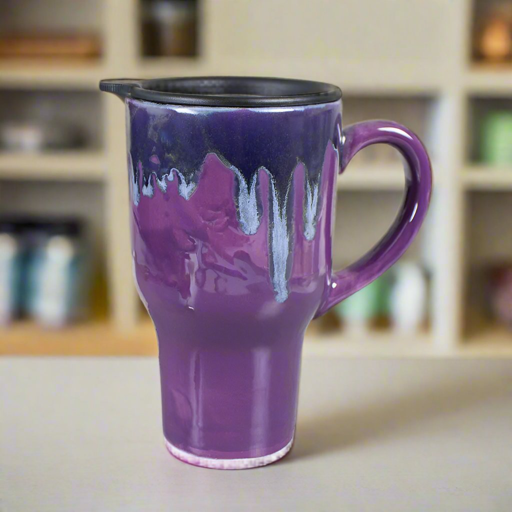 Ceramic Coffee Travel mug with handle, Amethyst Purple with black lid  pottery by BlueRoomPottery