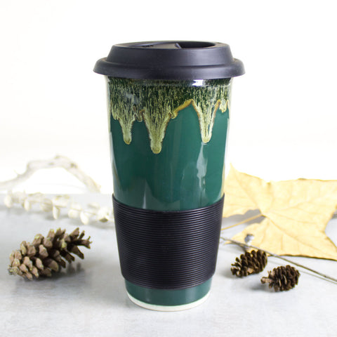 Hunter Green Travel Mug with Lid for Mom, Go Mug with Silicone Lid, Woodland moss