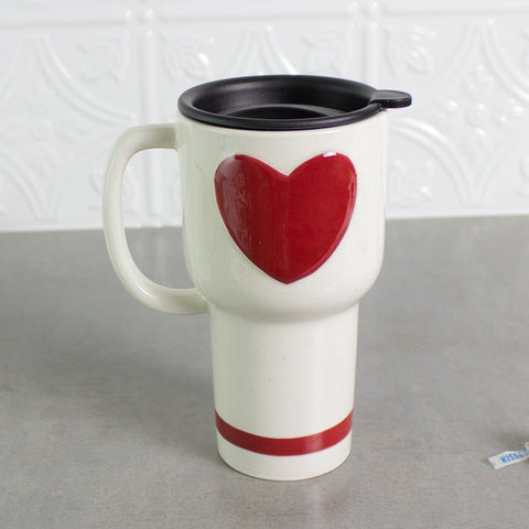 Large Ceramic Travel Mug with Red Heart