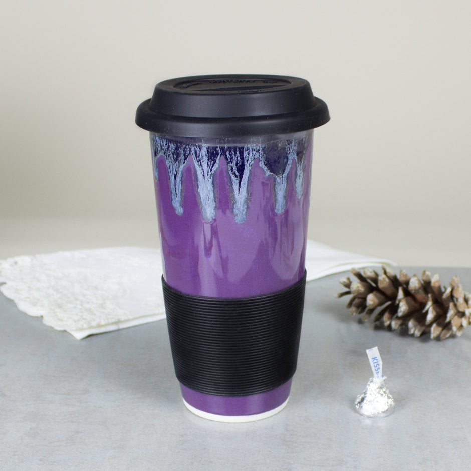 Amethyst Purple Travel Mug with Lid, Lavender To Go Mug with Silicone Lid,  handmade pottery by BlueRoomPottery