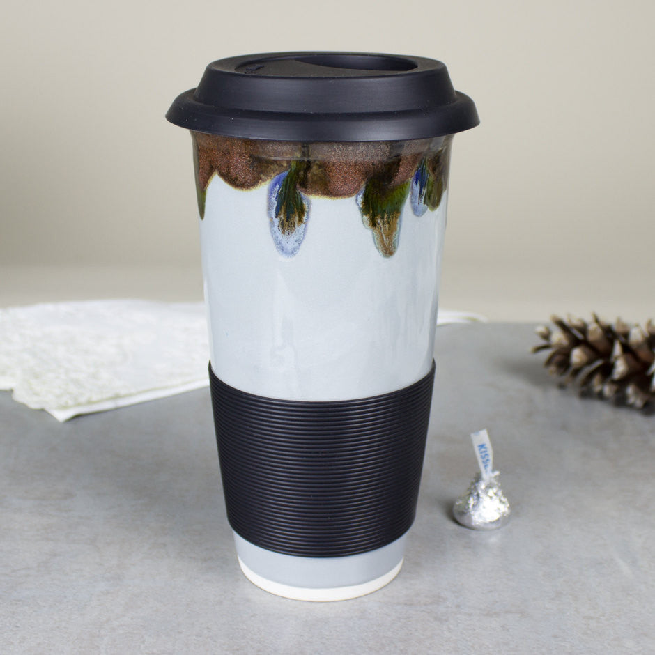 Grey Goldstone Travel Mug with Silicone Lid and optional sleeve by  BlueRoomPottery