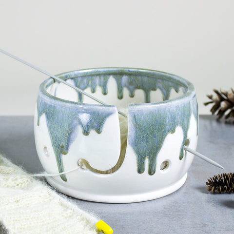 Knitting Yarn Bowl, White and sage silver, 3 EXTRA Holes, Yarn holder