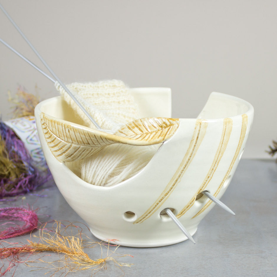 White Ceramic Yarn Bowl, Knitting bowl, honey yellow twisted leaf by  BlueRoomPottery