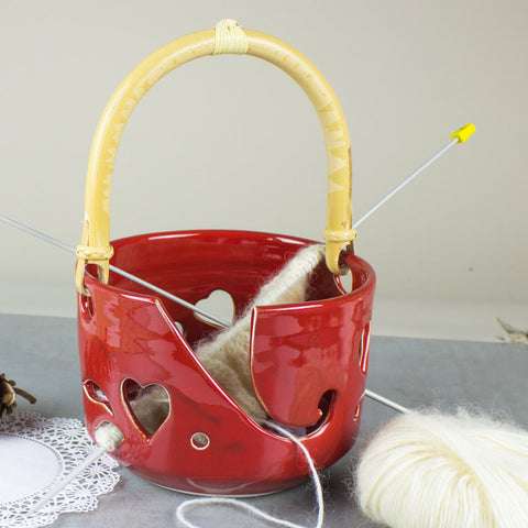 Yarn Bowl Large Red Heart Pottery knitting Bowl & handle