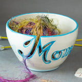 Mom Yarn bowl with Cutout Letters and Turquoise Highlights