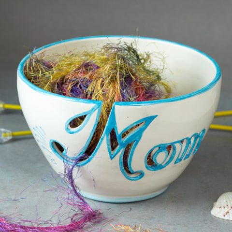 Mom Yarn bowl with Cutout Letters and Turquoise Highlights