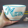 Mom Yarn bowl with Cutout Letters and Turquoise Highlights