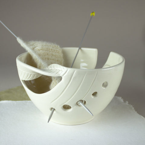 Pure white Twisted Leaf Yarn Bowl, Personalized Knitting /crochet storage