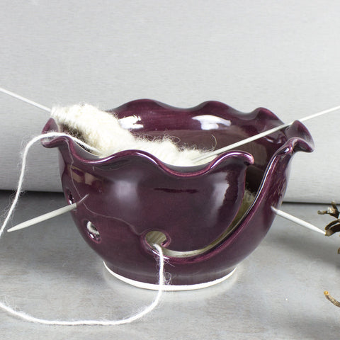Ceramic Yarn Bowl, Knitting Bowl, eggplant purple crochet bowl