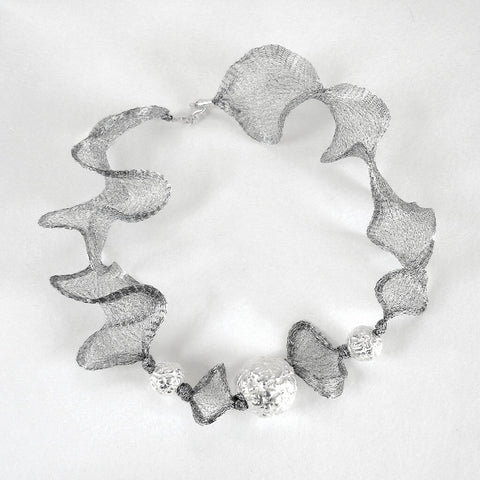 Cool, shining glow, Silver Textured Silk and Ceramic Necklace