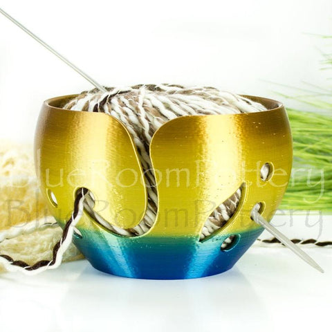 Yarn bowl Blue gold leaf Regular Knitting Bowl 3D printed eco friendly plastic Travel Crochet bowl knitter gifts 5.5 inch Yarn holder