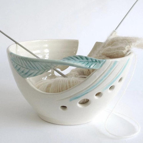 Fresh White Yarn Bowl, knitting / crochet bowl, with Green Twisted Leaf
