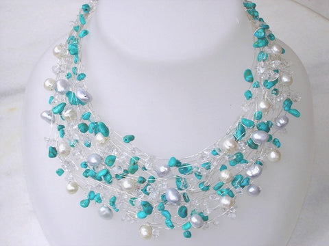 Turquoise Necklace Silver Real Pearls Nautical Bridal Wire Wrapped Modern Beaded necklace