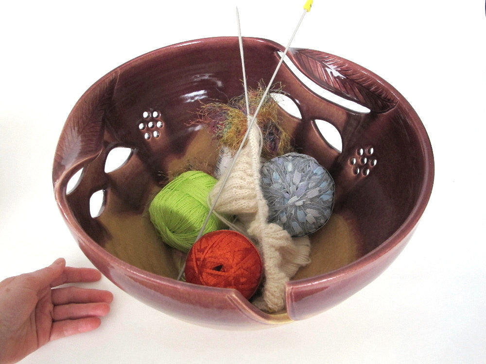 Yarn bowl JUMBO Extra Large Knitting Ceramic Yarn Bowl Organizer Autumn  Gold with twisted leaves by BlueRoomPottery