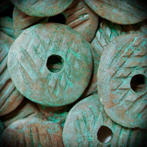 LARGE 35 mm Mykonos Ceramic Disk Pendant Greek Bead Green Copper Patina Button Jewelry