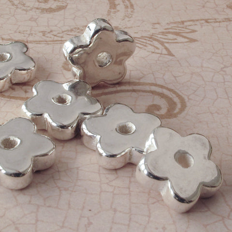 2 Mykonos Silver flower beads fine bright Greek Ceramic Bead Modern Jewelry craft supplies DIY