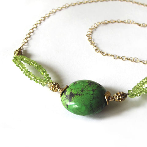 Green Peridot & Turquoise, 14k Gold Necklace