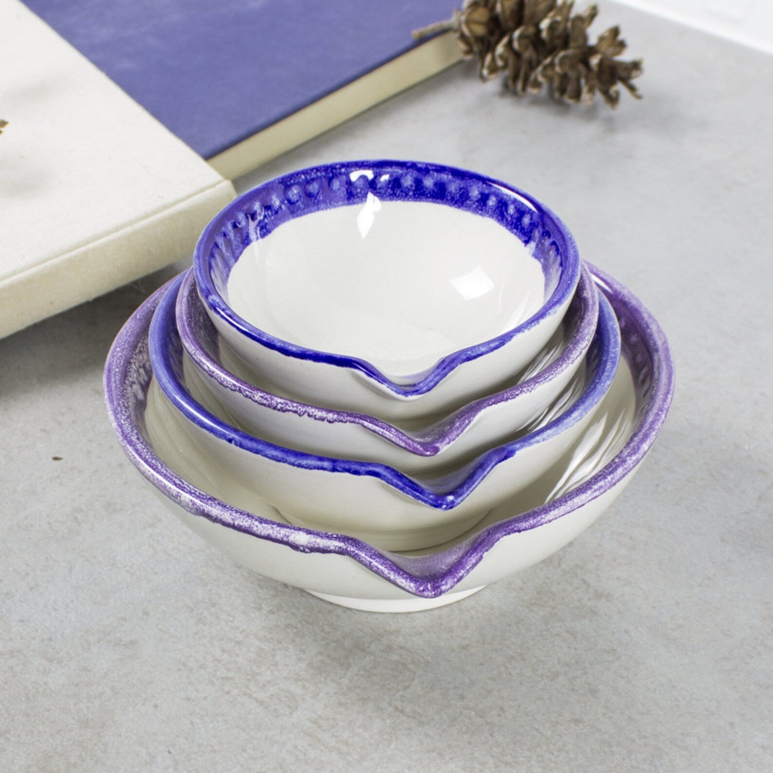 Set of 4 White Measuring cups with Purple and Blue Highlights -  BlueRoomPottery plus (+)
