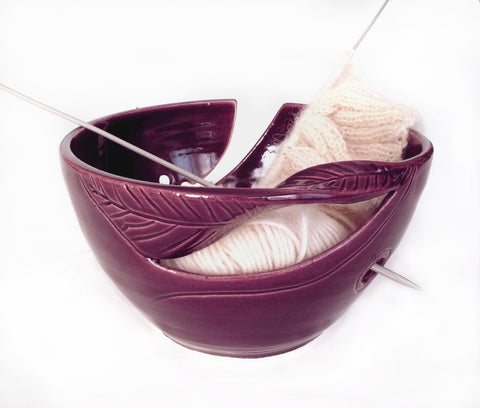 Eggplant Purple Yarn Bowl KNITTER accessories, twisted leaves