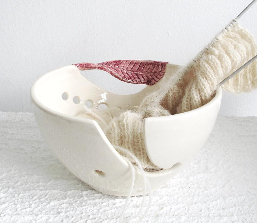 Fresh White Yarn Bowl, knitting / crochet bowl, with Green Twisted Leaf by  BlueRoomPottery